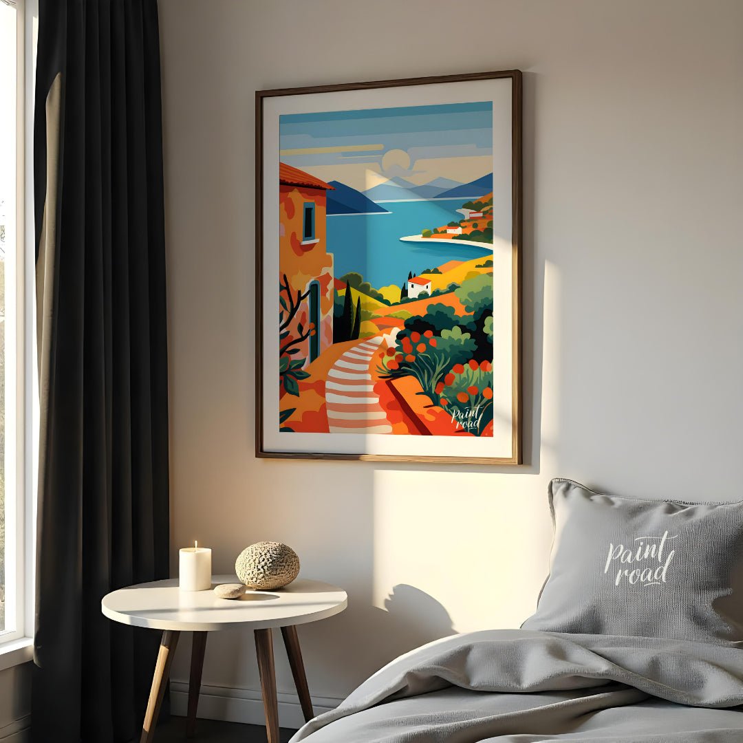 This vibrant digital illustration captures a picturesque scene reminiscent of the Greek Islands, wi… for bedroom