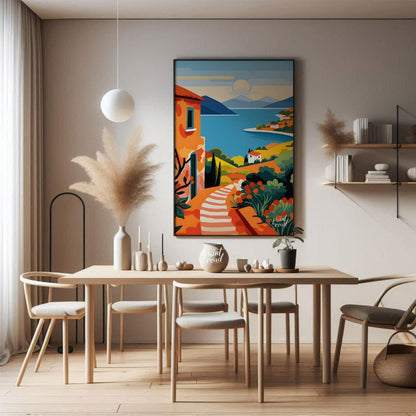 This vibrant digital illustration captures a picturesque scene reminiscent of the Greek Islands, wi… for dining room