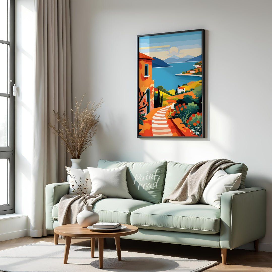 This vibrant digital illustration captures a picturesque scene reminiscent of the Greek Islands, wi… for living room