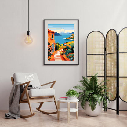 This vibrant digital illustration captures a picturesque scene reminiscent of the Greek Islands, wi… for living room