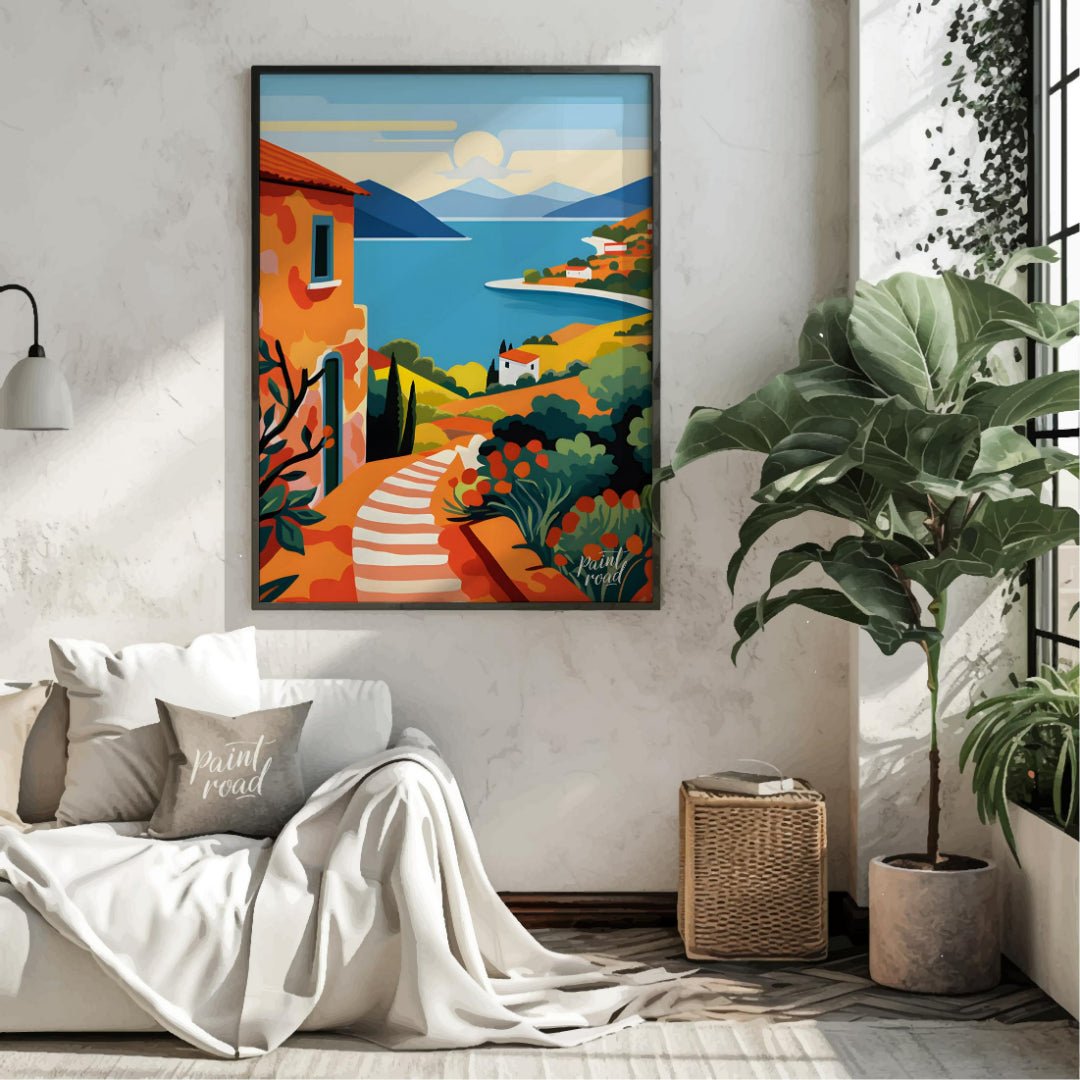 This vibrant digital illustration captures a picturesque scene reminiscent of the Greek Islands, wi… for living room