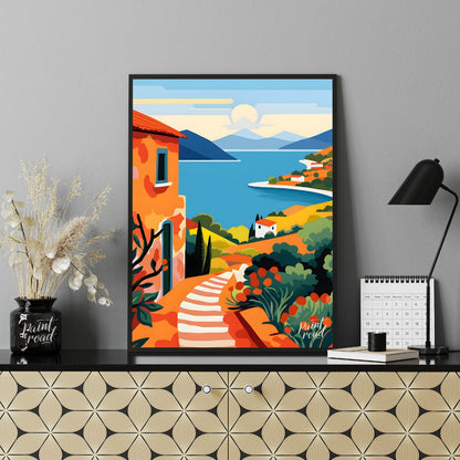 This vibrant digital illustration captures a picturesque scene reminiscent of the Greek Islands, wi… for office