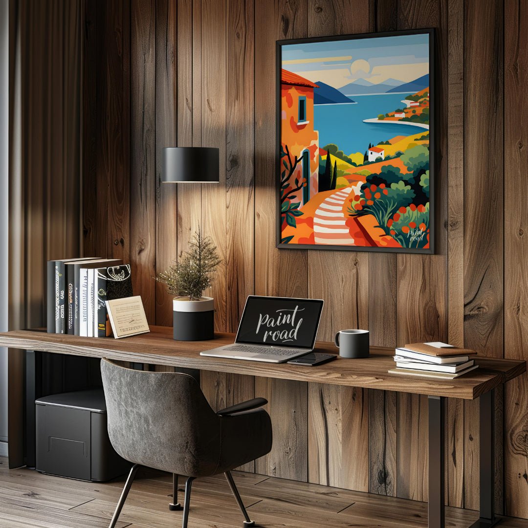 This vibrant digital illustration captures a picturesque scene reminiscent of the Greek Islands, wi… for office