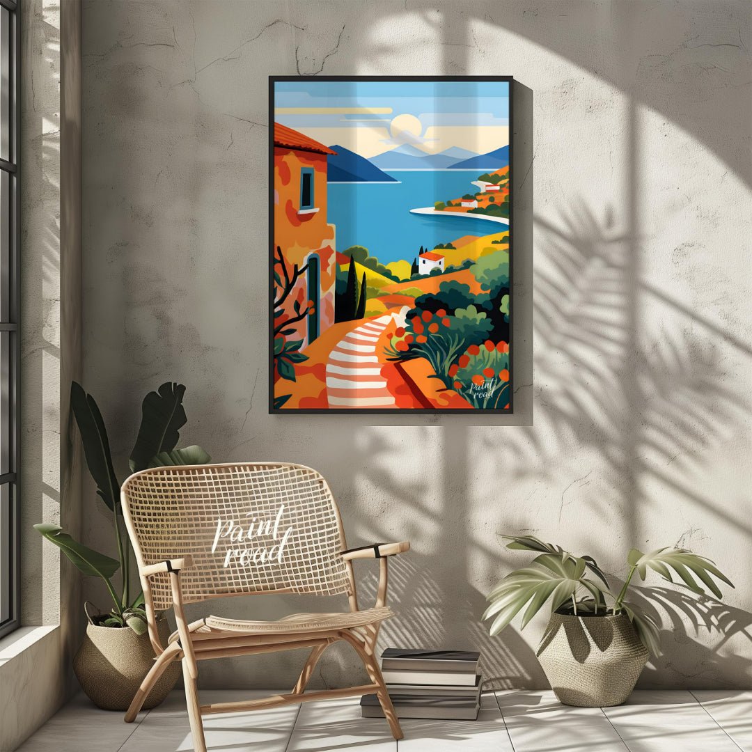This vibrant digital illustration captures a picturesque scene reminiscent of the Greek Islands, wi… for other