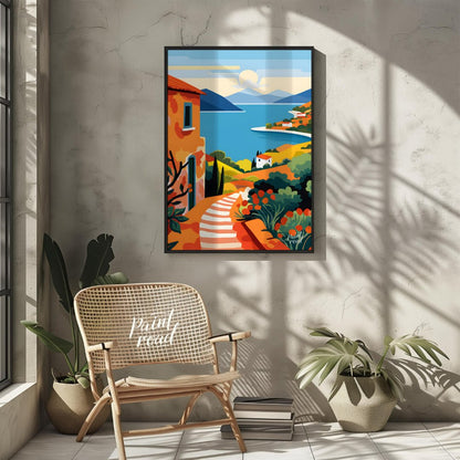 This vibrant digital illustration captures a picturesque scene reminiscent of the Greek Islands, wi… for other