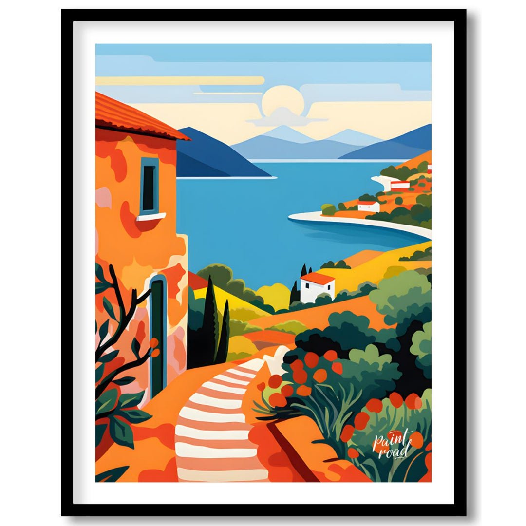 This vibrant digital illustration captures a picturesque scene reminiscent of the Greek Islands, wi… for space