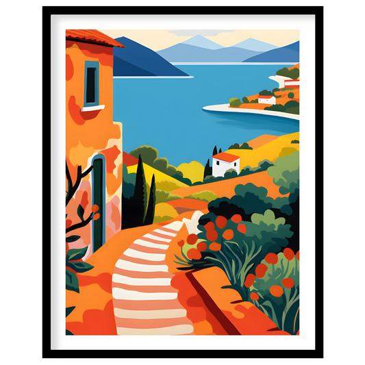 This vibrant digital illustration captures a picturesque scene reminiscent of the Greek Islands, wi… for space