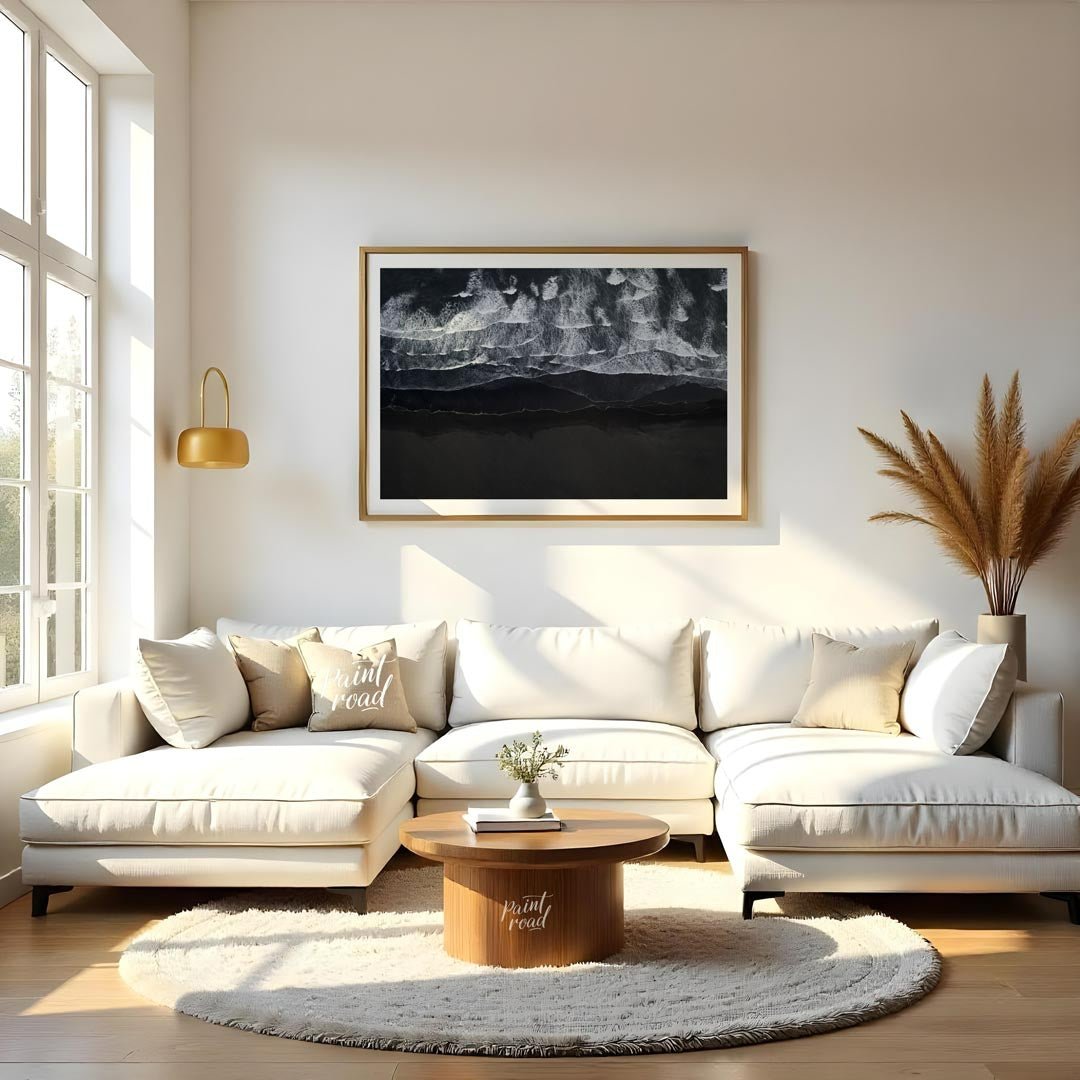 This stunning aerial photograph captures the dramatic beauty of a black sand beach, likely in Icela… for living room