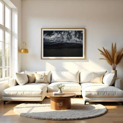 This stunning aerial photograph captures the dramatic beauty of a black sand beach, likely in Icela… for living room