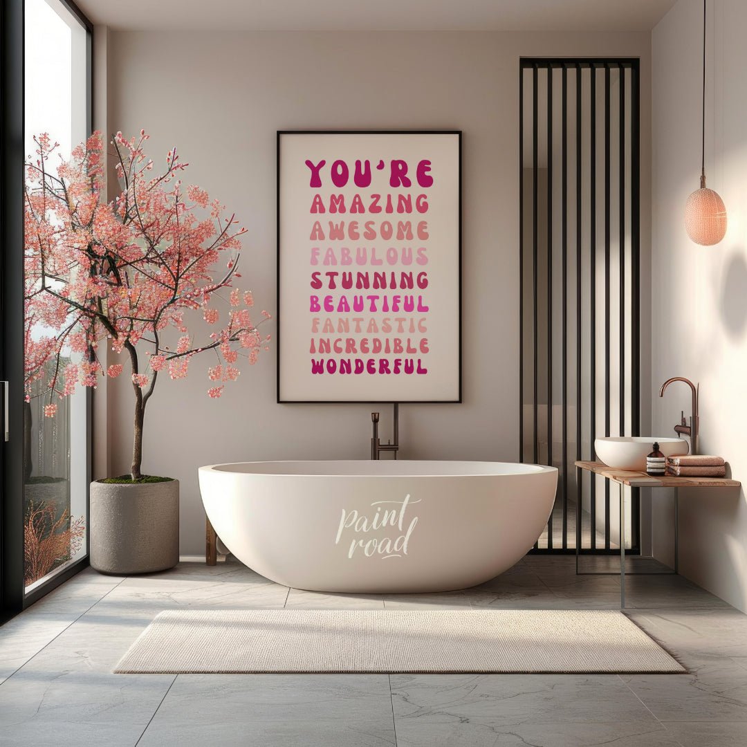 This vibrant digital illustration features a cascade of affirming words in retro-inspired, bubbly t… for bathroom