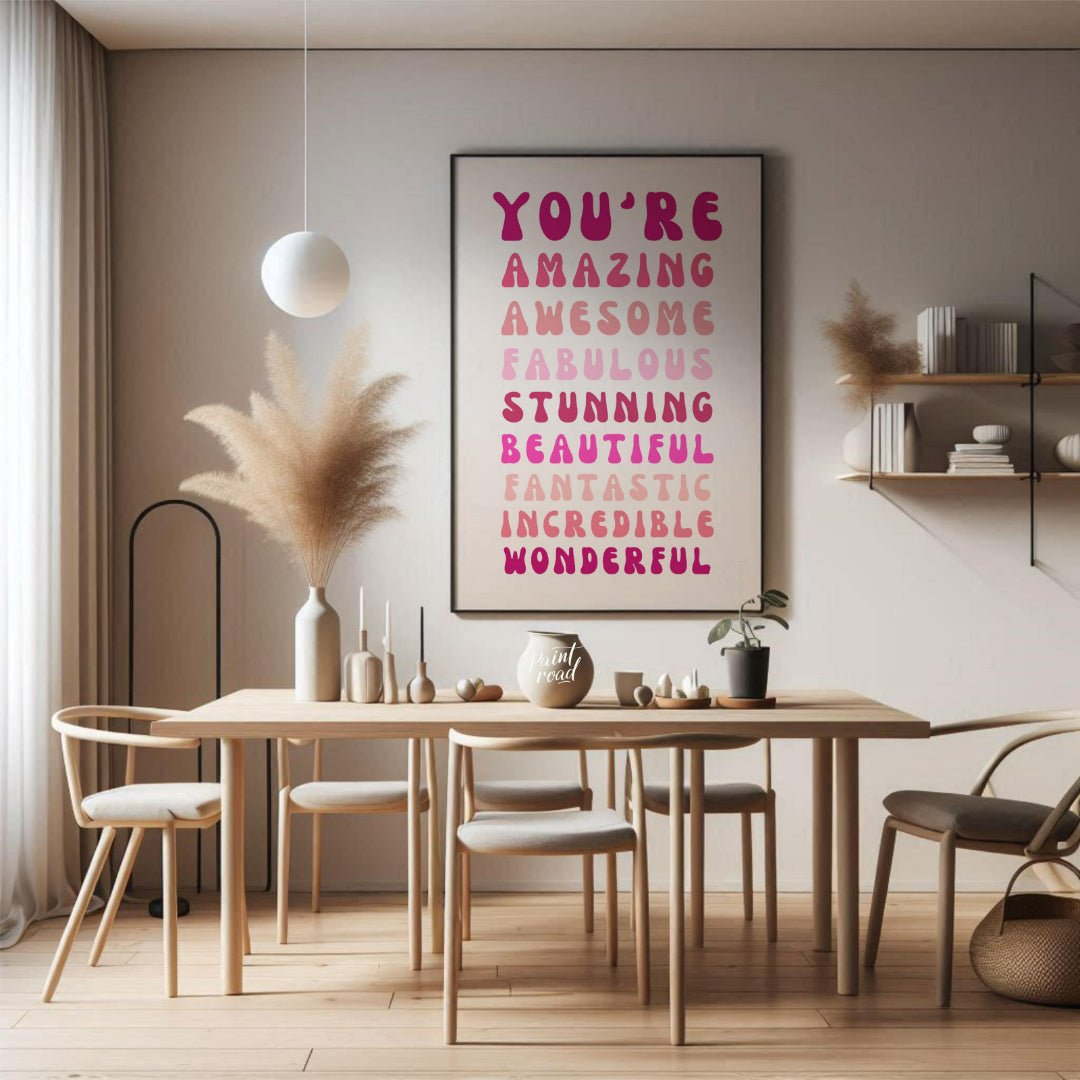 This vibrant digital illustration features a cascade of affirming words in retro-inspired, bubbly t… for dining room