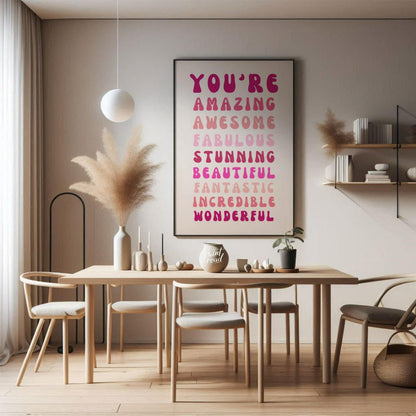 This vibrant digital illustration features a cascade of affirming words in retro-inspired, bubbly t… for dining room