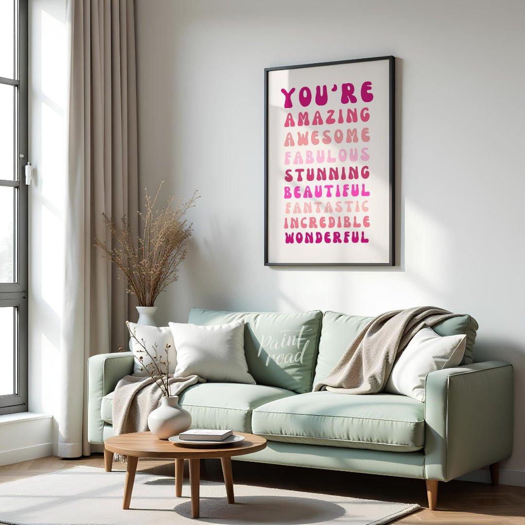 This vibrant digital illustration features a cascade of affirming words in retro-inspired, bubbly t… for living room