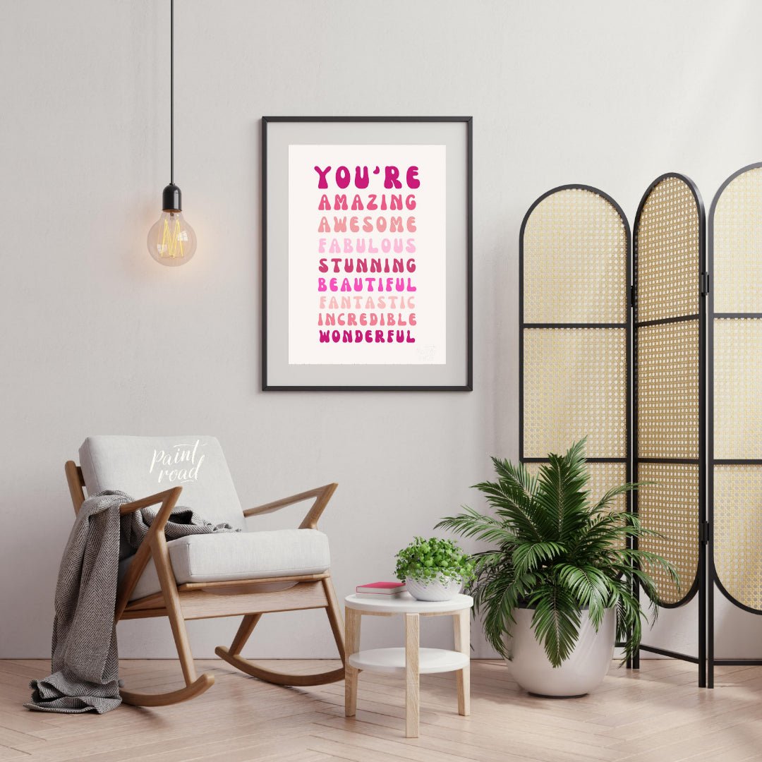 This vibrant digital illustration features a cascade of affirming words in retro-inspired, bubbly t… for living room