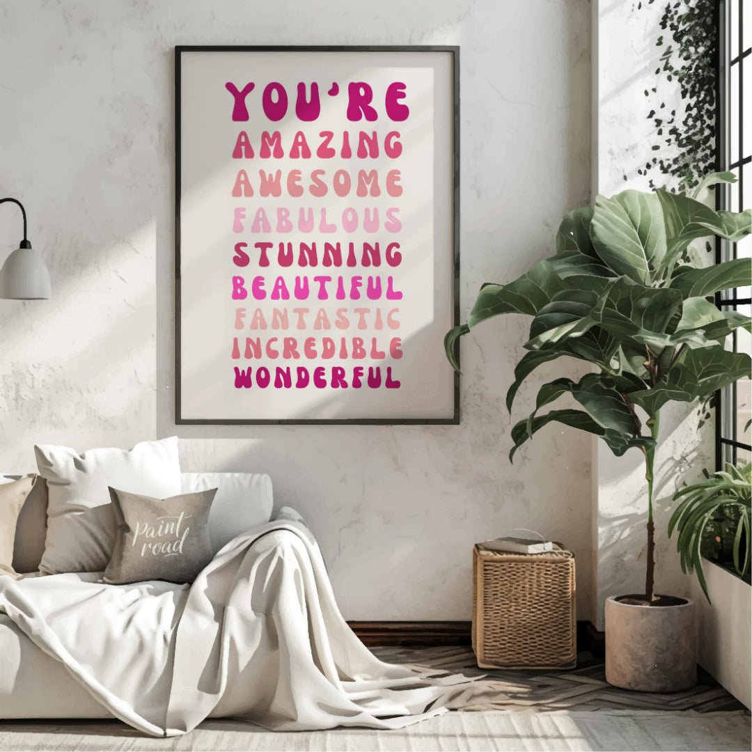 This vibrant digital illustration features a cascade of affirming words in retro-inspired, bubbly t… for living room