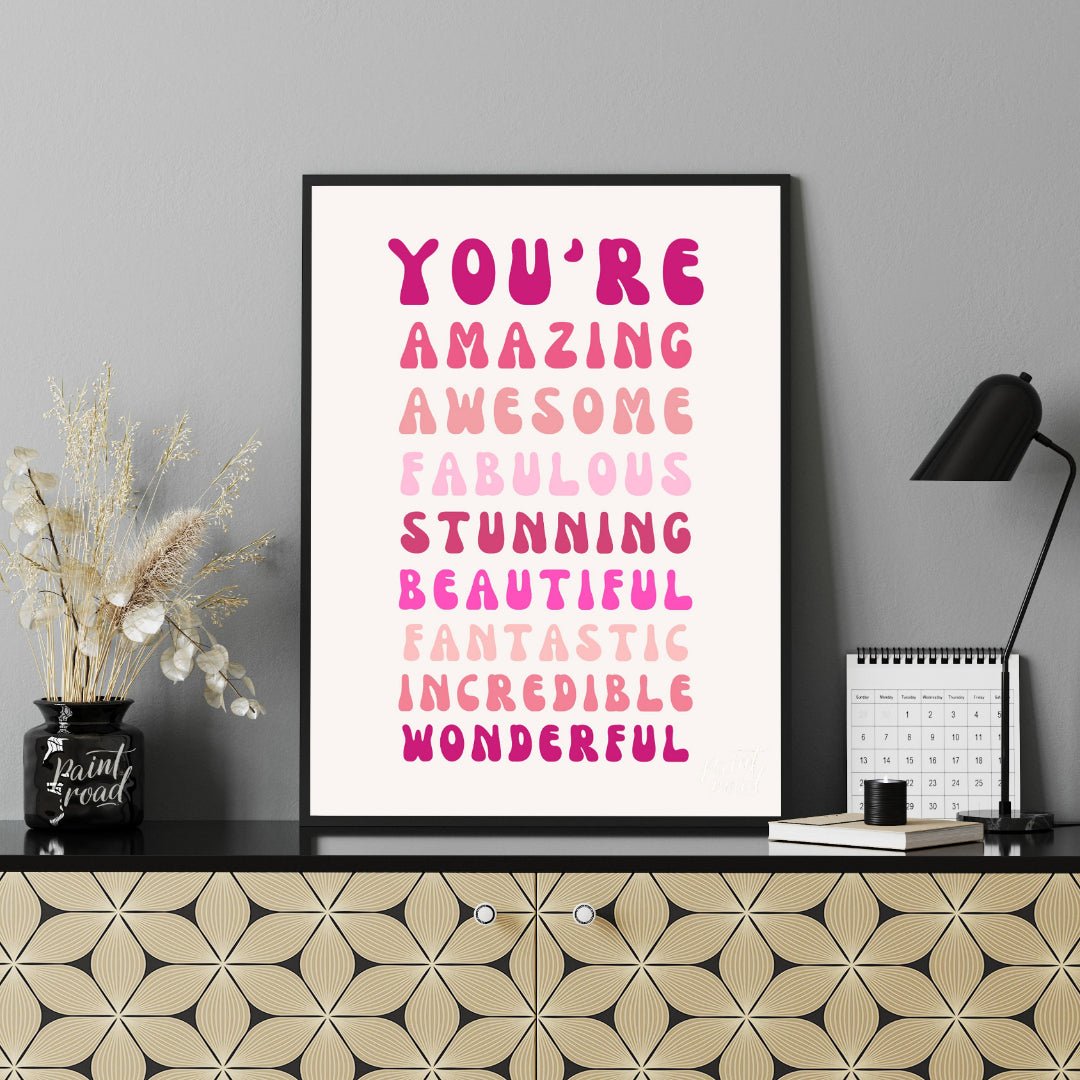 This vibrant digital illustration features a cascade of affirming words in retro-inspired, bubbly t… for office
