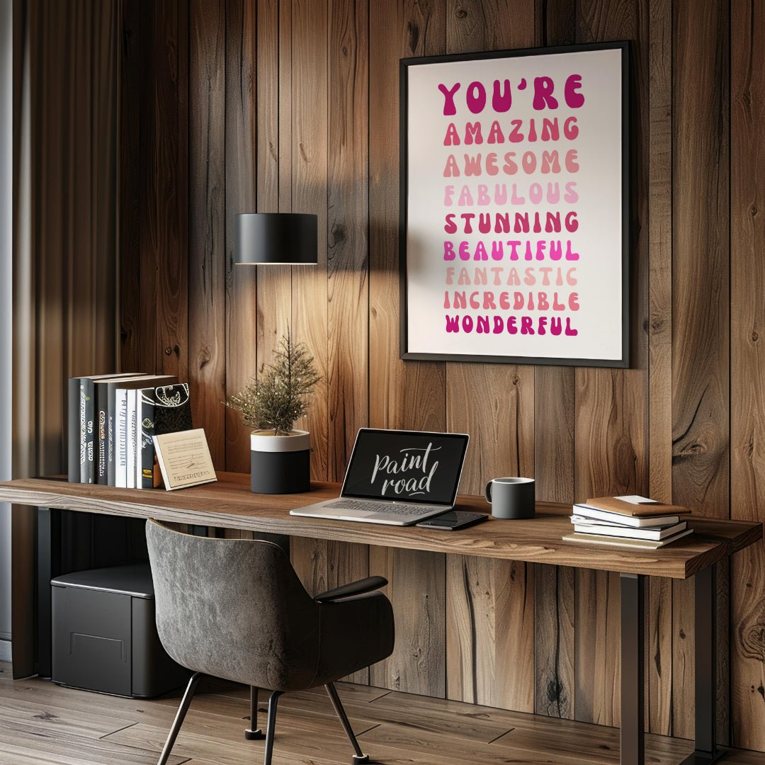 This vibrant digital illustration features a cascade of affirming words in retro-inspired, bubbly t… for office