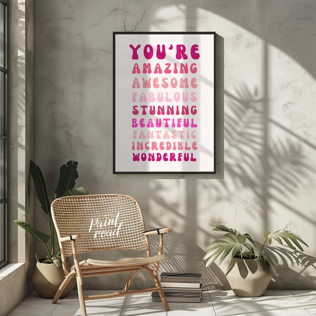 This vibrant digital illustration features a cascade of affirming words in retro-inspired, bubbly t… for other