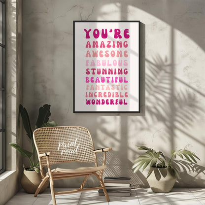 This vibrant digital illustration features a cascade of affirming words in retro-inspired, bubbly t… for other
