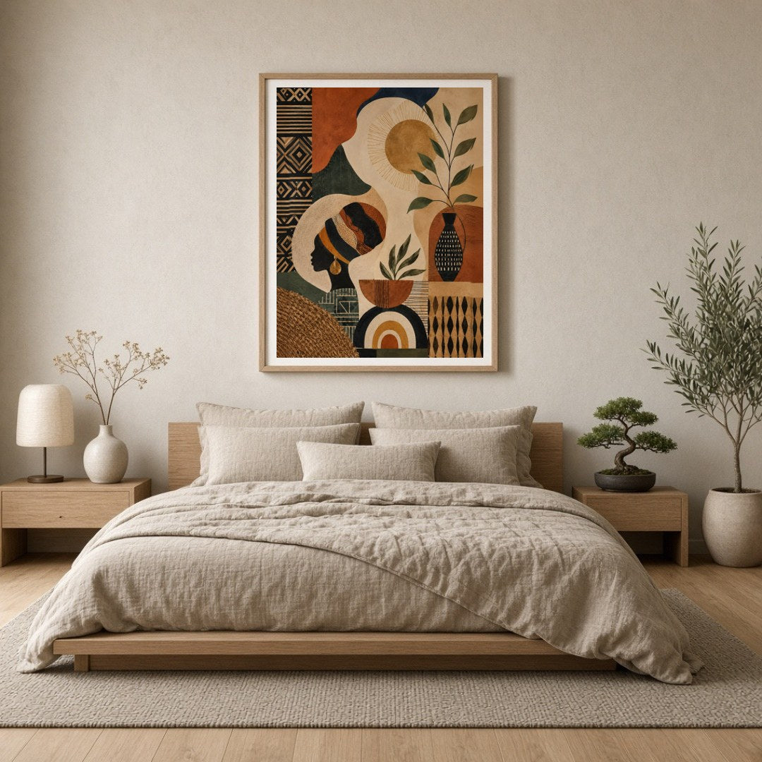 Immerse yourself in the captivating interplay of shadows and sun with this stunning boho art print. for Bedroom