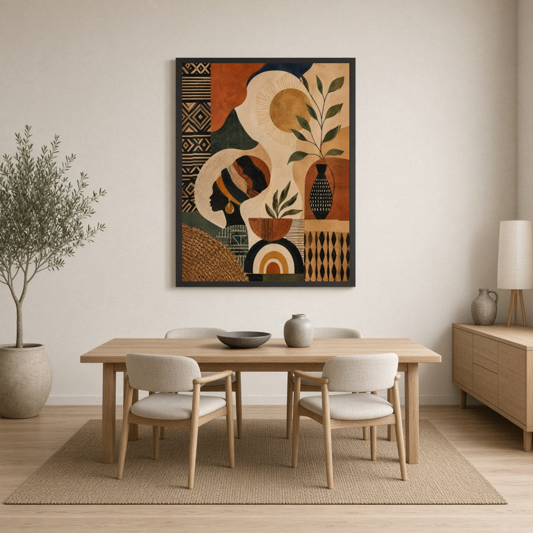 Immerse yourself in the captivating interplay of shadows and sun with this stunning boho art print. for Dining