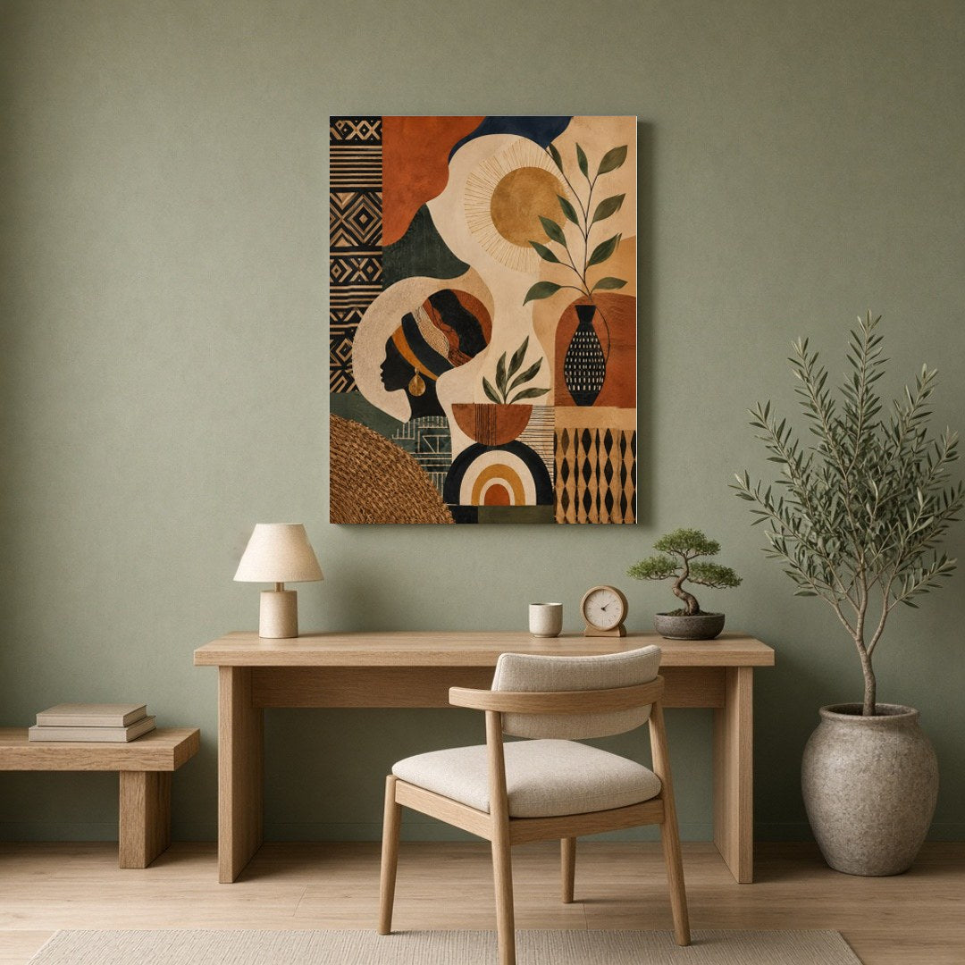Immerse yourself in the captivating interplay of shadows and sun with this stunning boho art print. for Home Office