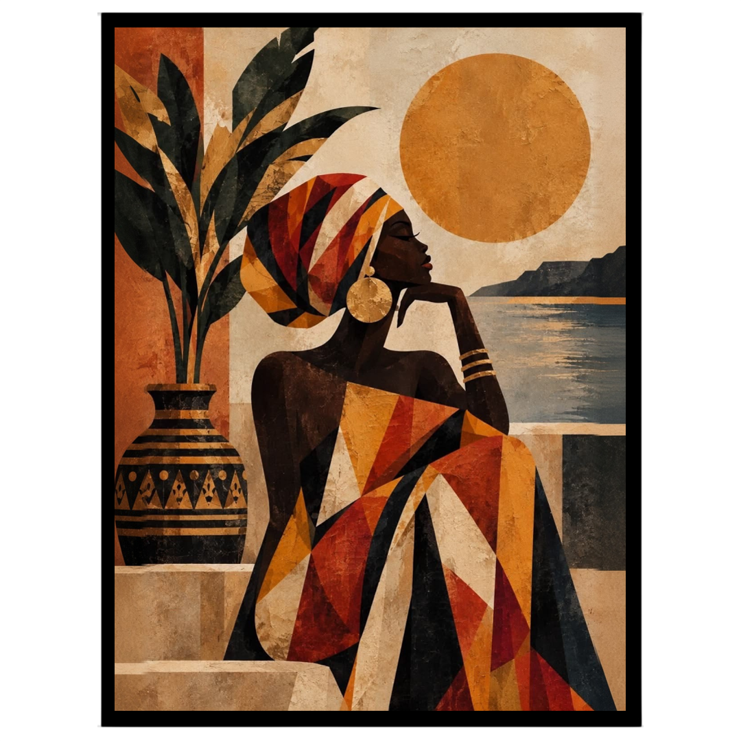 Immerse yourself in the captivating beauty of this Afro-desert scene, where a graceful woman gazes for area