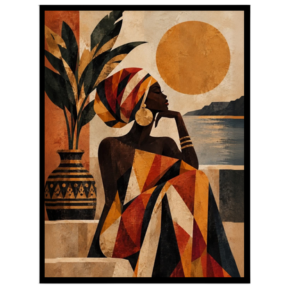 Immerse yourself in the captivating beauty of this Afro-desert scene, where a graceful woman gazes for area