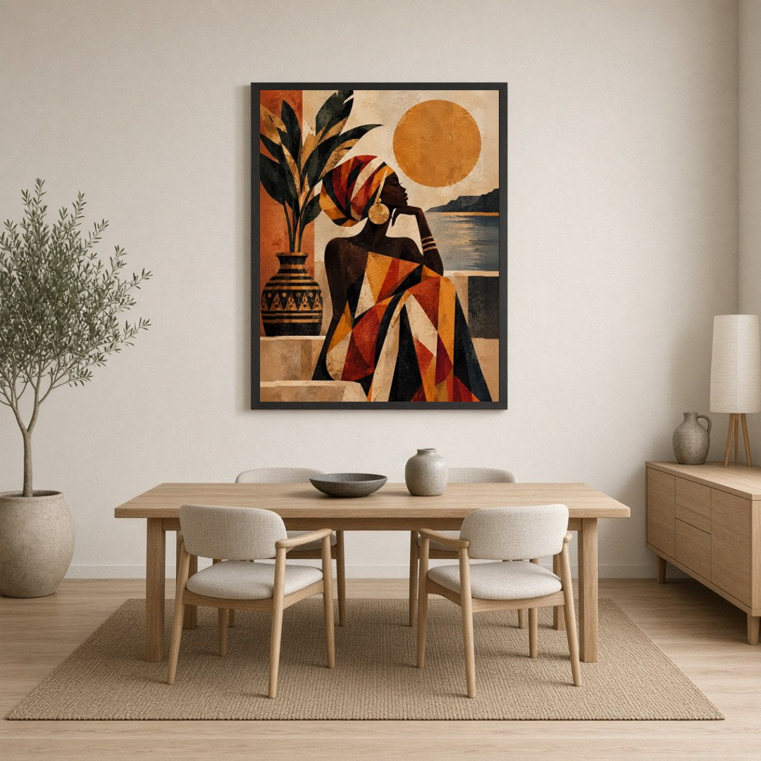 Immerse yourself in the captivating beauty of this Afro-desert scene, where a graceful woman gazes for Dining