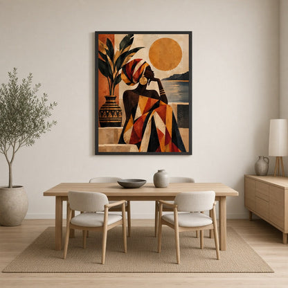 Immerse yourself in the captivating beauty of this Afro-desert scene, where a graceful woman gazes for Dining