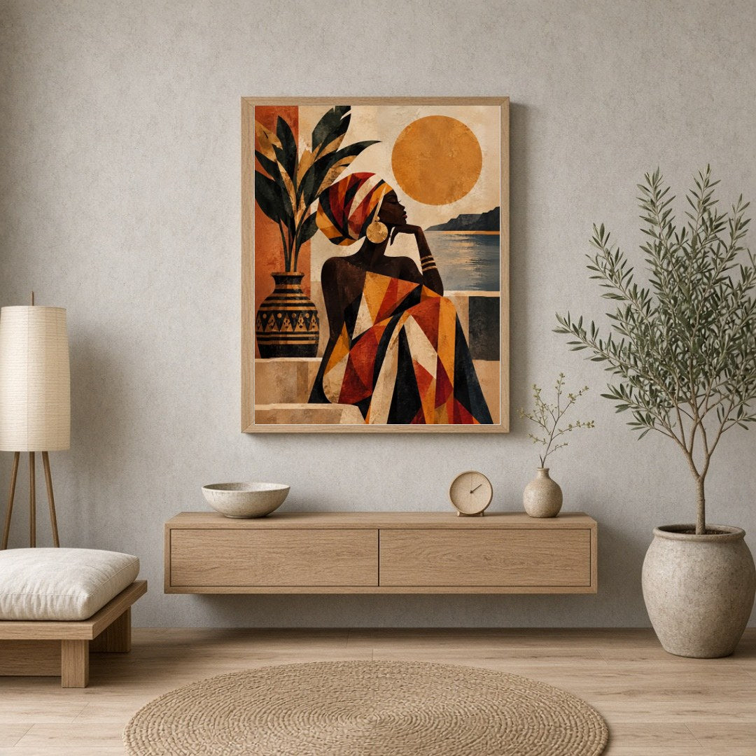 Immerse yourself in the captivating beauty of this Afro-desert scene, where a graceful woman gazes for Entrance