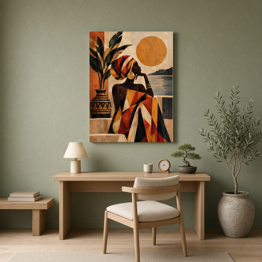 Immerse yourself in the captivating beauty of this Afro-desert scene, where a graceful woman gazes for Home Office