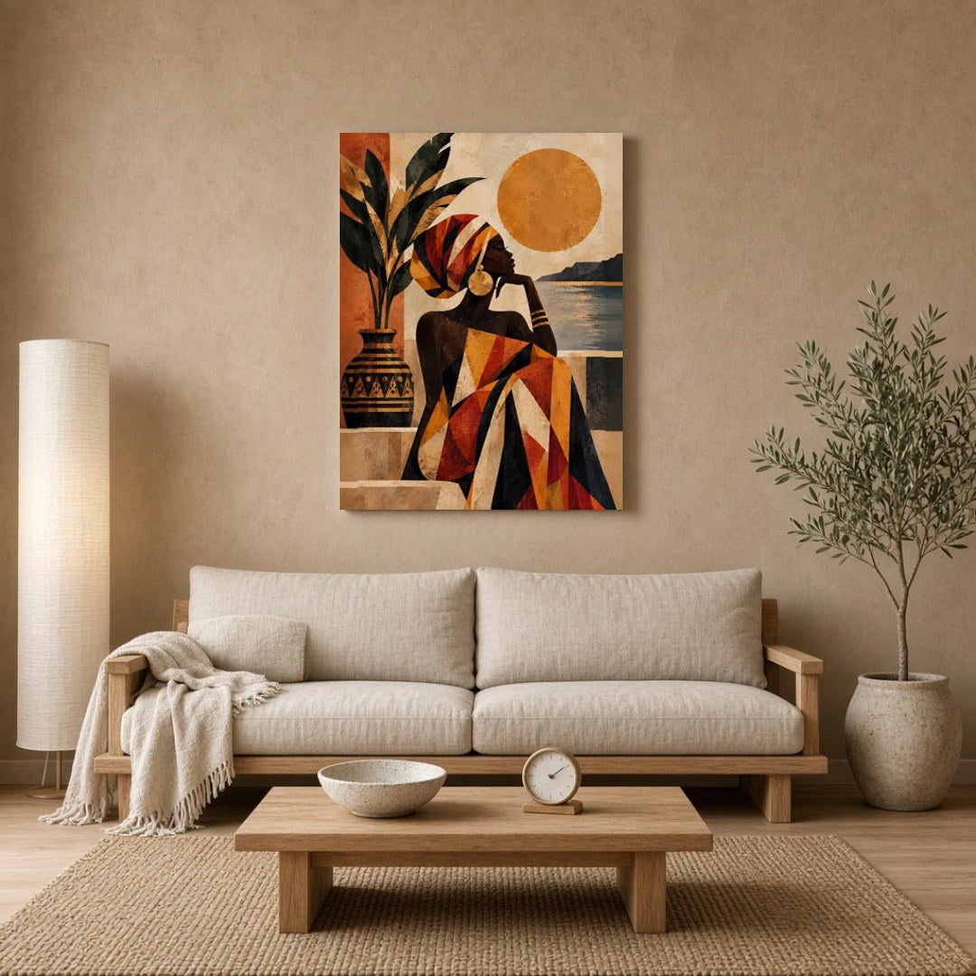Immerse yourself in the captivating beauty of this Afro-desert scene, where a graceful woman gazes for Living Room