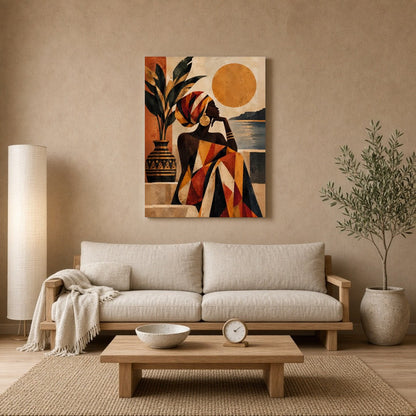 Immerse yourself in the captivating beauty of this Afro-desert scene, where a graceful woman gazes for Living Room