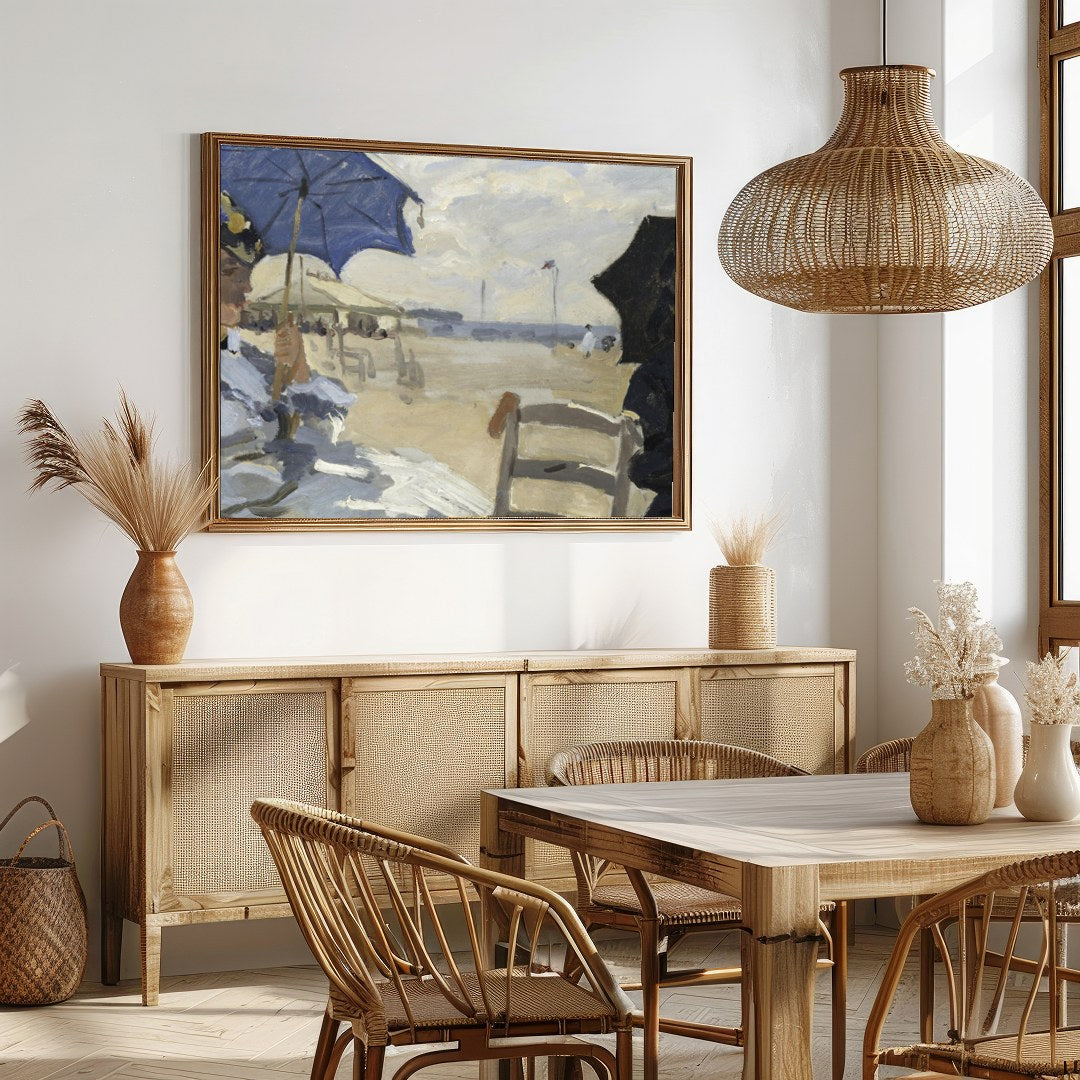 This stunning artwork captures a tranquil afternoon by the sea, with figures elegantly seated under for Dining