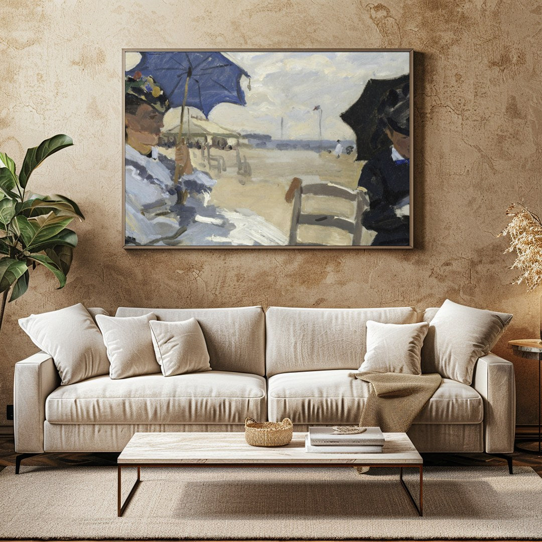 This stunning artwork captures a tranquil afternoon by the sea, with figures elegantly seated under for Family Room