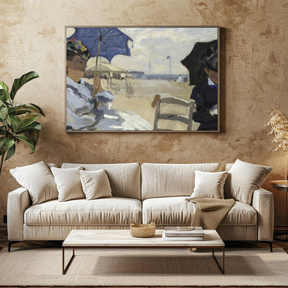 This stunning artwork captures a tranquil afternoon by the sea, with figures elegantly seated under for Family Room