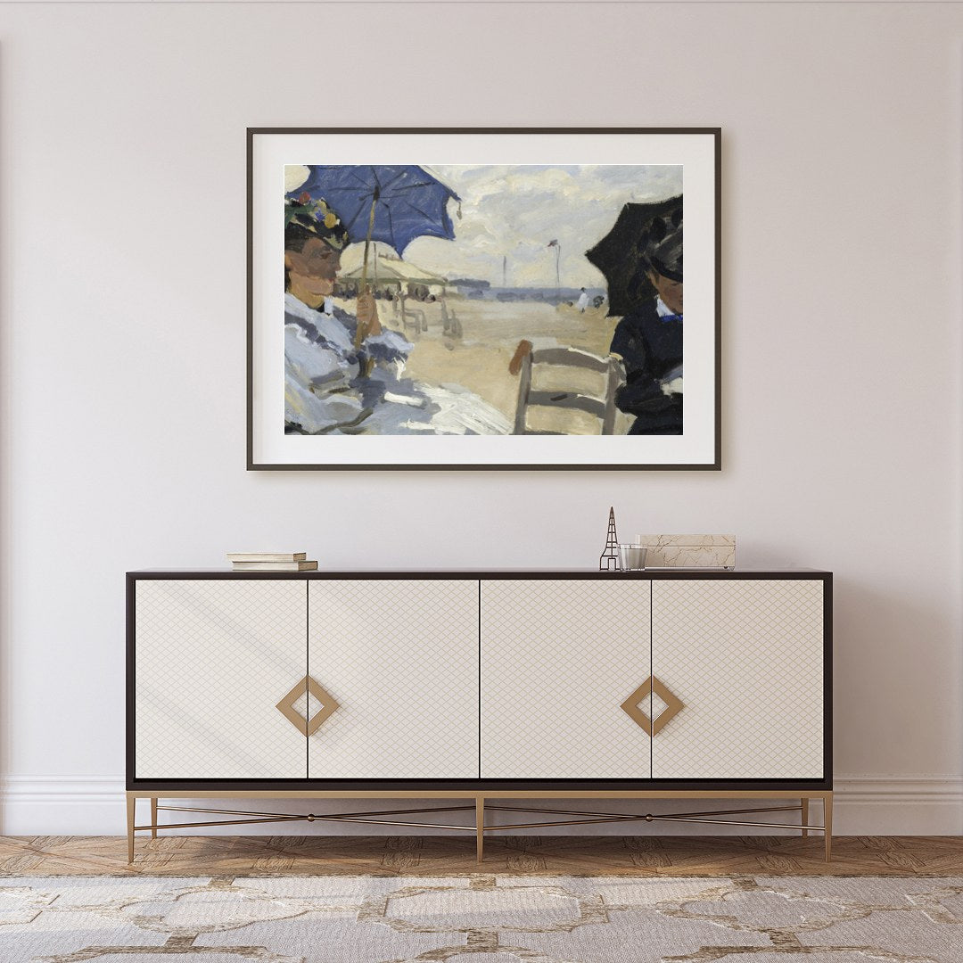 This stunning artwork captures a tranquil afternoon by the sea, with figures elegantly seated under for Foyer