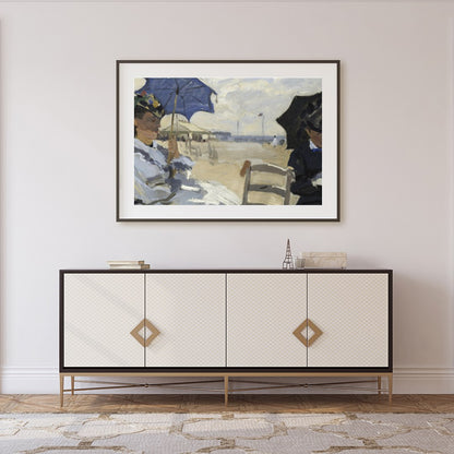 This stunning artwork captures a tranquil afternoon by the sea, with figures elegantly seated under for Foyer