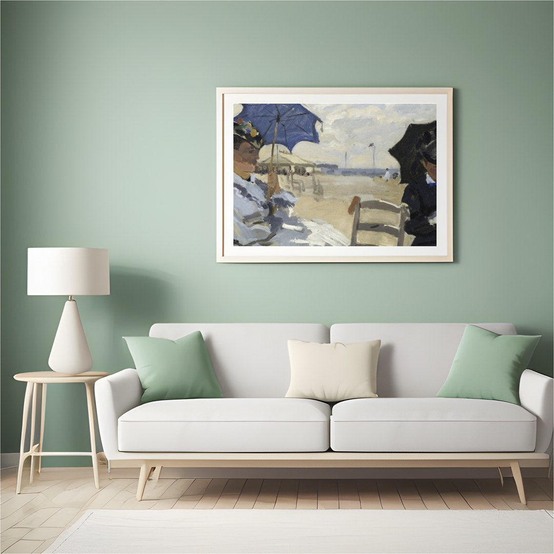 This stunning artwork captures a tranquil afternoon by the sea, with figures elegantly seated under for Hall