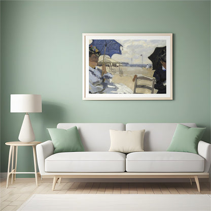 This stunning artwork captures a tranquil afternoon by the sea, with figures elegantly seated under for Hall