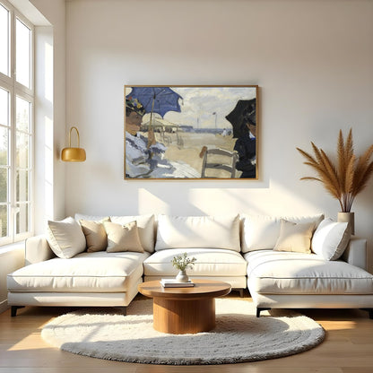This stunning artwork captures a tranquil afternoon by the sea, with figures elegantly seated under for Living Room