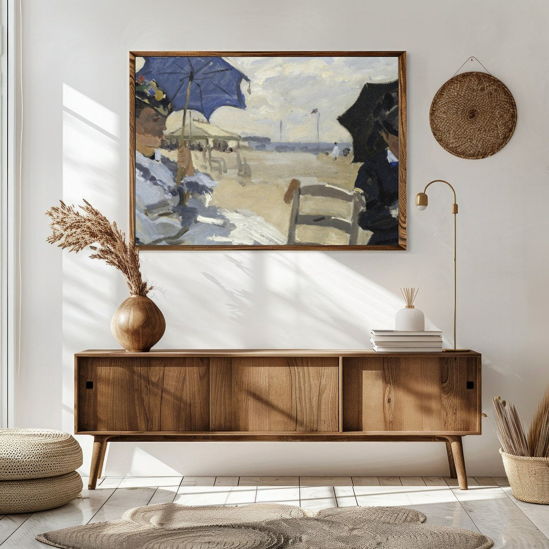 This stunning artwork captures a tranquil afternoon by the sea, with figures elegantly seated under for Sitting Area