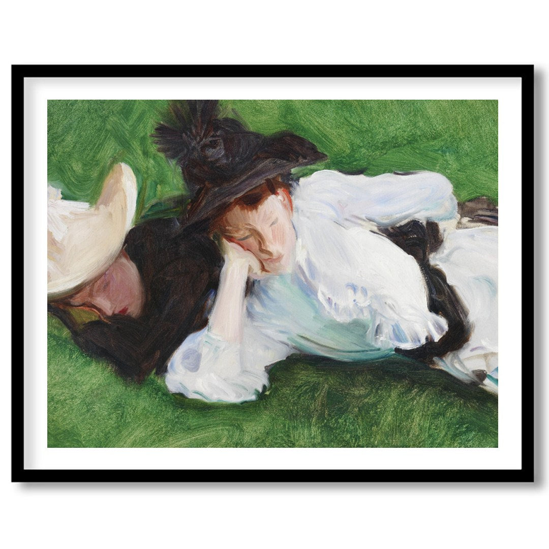 A serene depiction of two figures lounging on a lush, green lawn. The elegant brushwork captures for decor