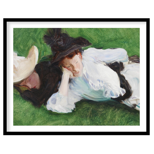 A serene depiction of two figures lounging on a lush, green lawn. The elegant brushwork captures for decor