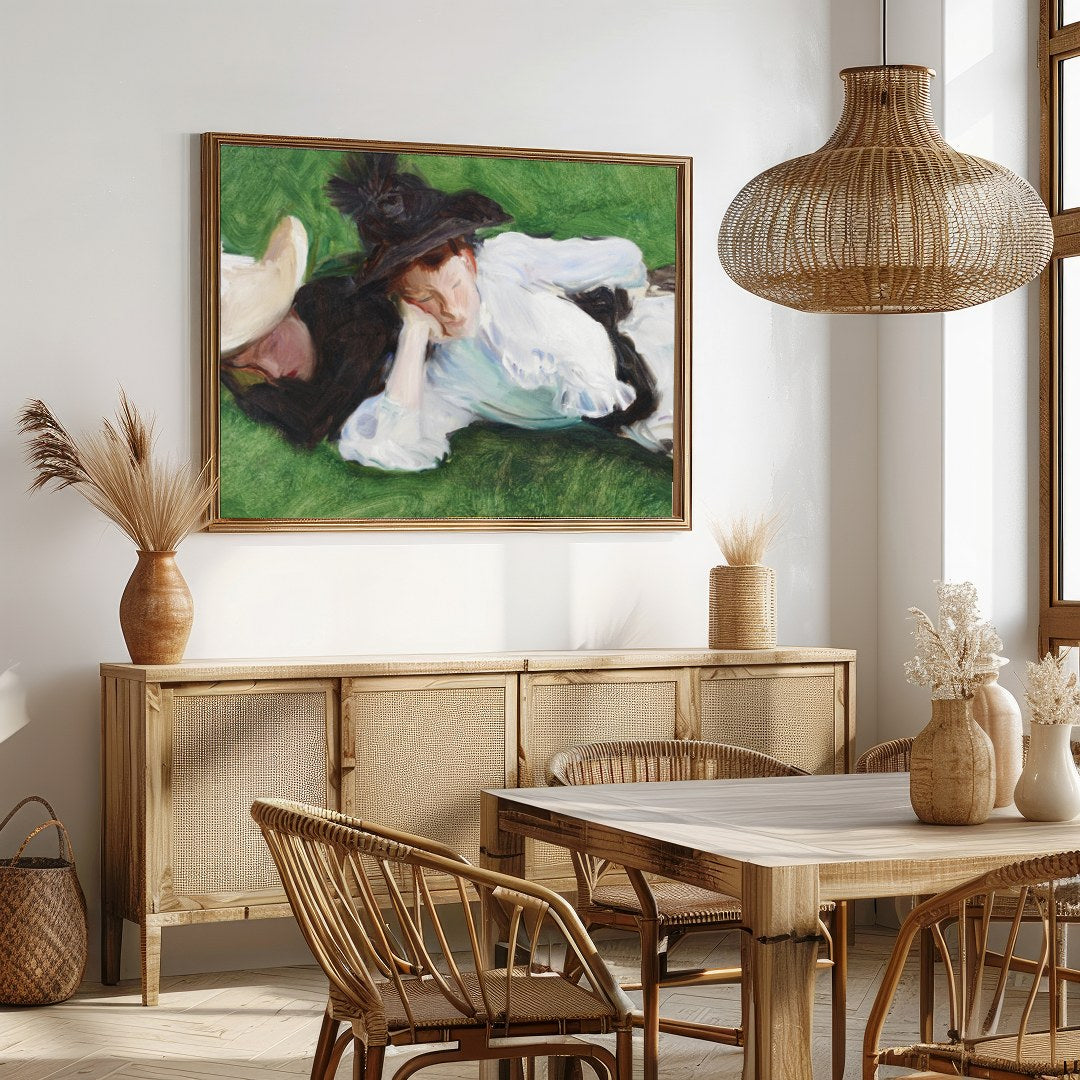 A serene depiction of two figures lounging on a lush, green lawn. The elegant brushwork captures for Dining