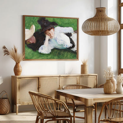A serene depiction of two figures lounging on a lush, green lawn. The elegant brushwork captures for Dining