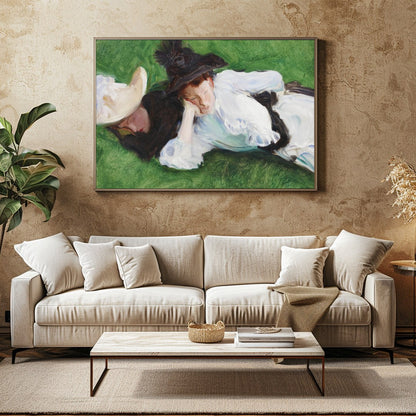 A serene depiction of two figures lounging on a lush, green lawn. The elegant brushwork captures for Family Room
