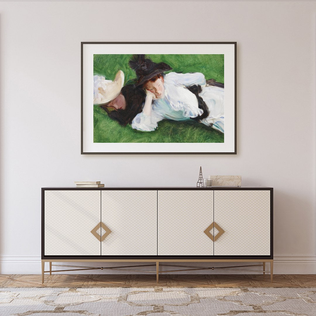 A serene depiction of two figures lounging on a lush, green lawn. The elegant brushwork captures for Foyer
