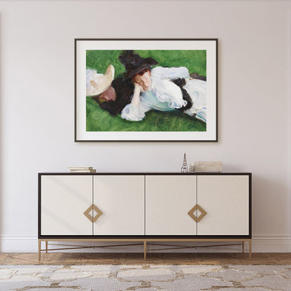 A serene depiction of two figures lounging on a lush, green lawn. The elegant brushwork captures for Foyer